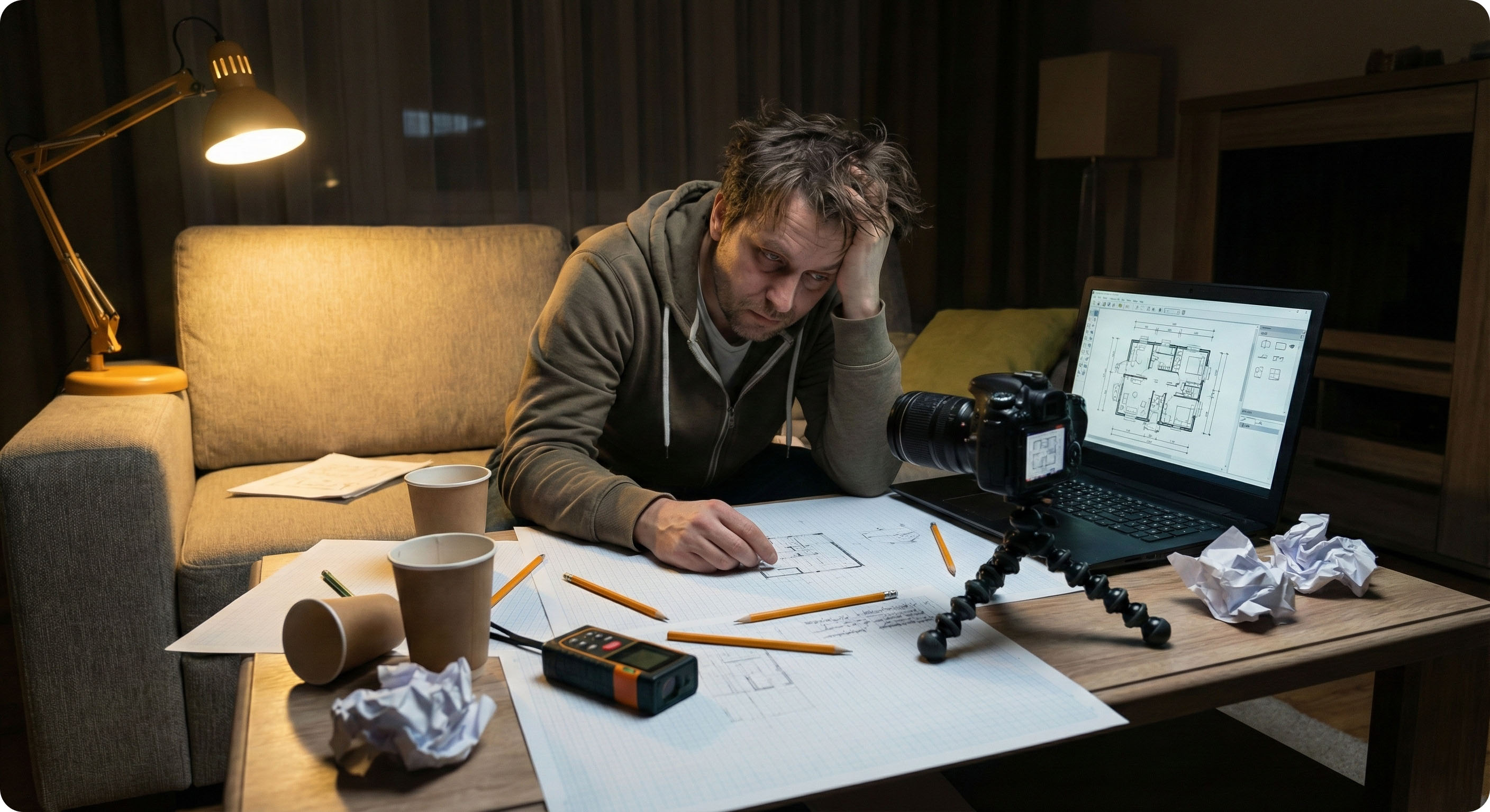A tired man with dishevelled hair sits hunched over a cluttered coffee table late at night, his hand on his head in a gesture of frustration. He is surrounded by a DSLR camera on a mini tripod, a laser measure, pencils, crumpled paper, and large hand-drawn floor plans. A laptop open in front of him displays digital floor plan software. The scene is dimly lit by a desk lamp, conveying a sense of exhaustion and long hours of work.
