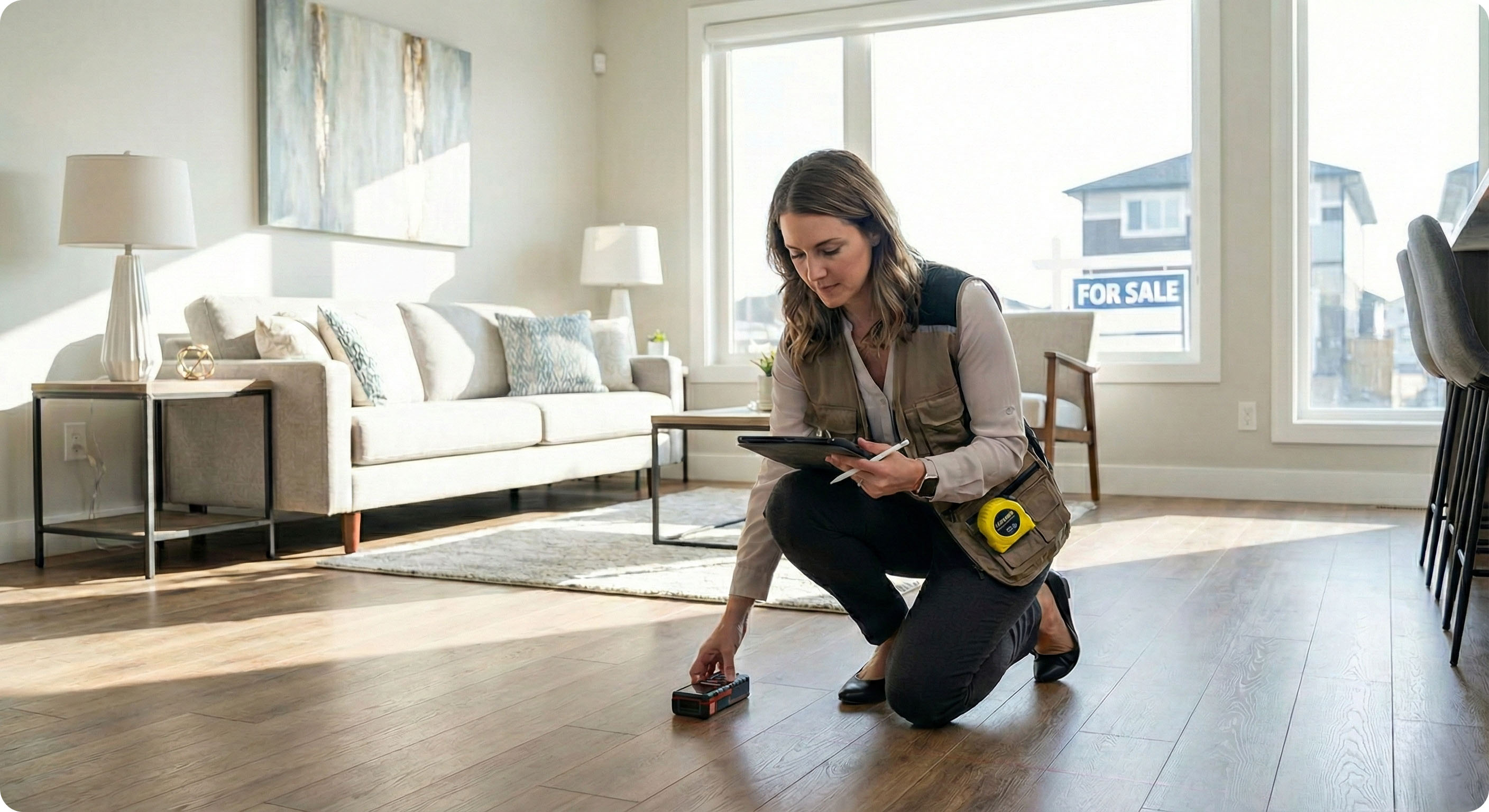 A woman wearing a khaki vest and dark pants kneels on a wooden floor in a modern living room, using a laser measure and a tablet with a stylus. A "FOR SALE" sign is visible outside a large window in the background, which also shows a sofa, rug, and side table.