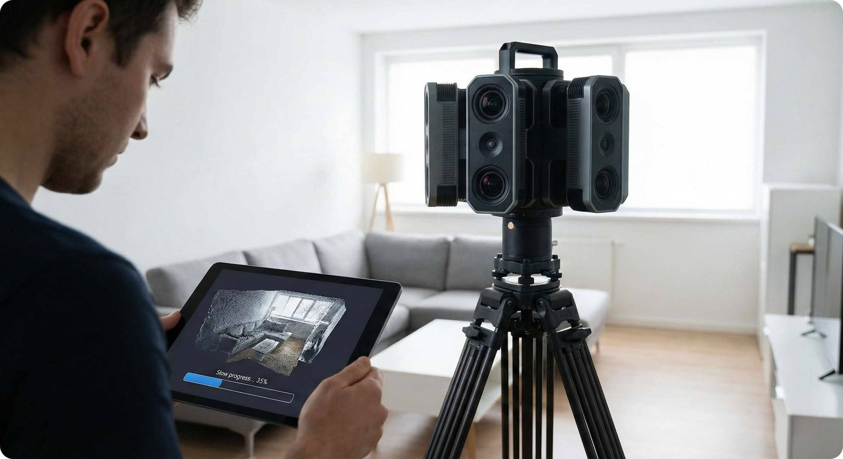 A person holds a tablet displaying a slow-loading 3D scan of a room, while a large, complex multi-lens camera on a tripod stands in the background, illustrating the time-consuming process of traditional high-tech property scanning.