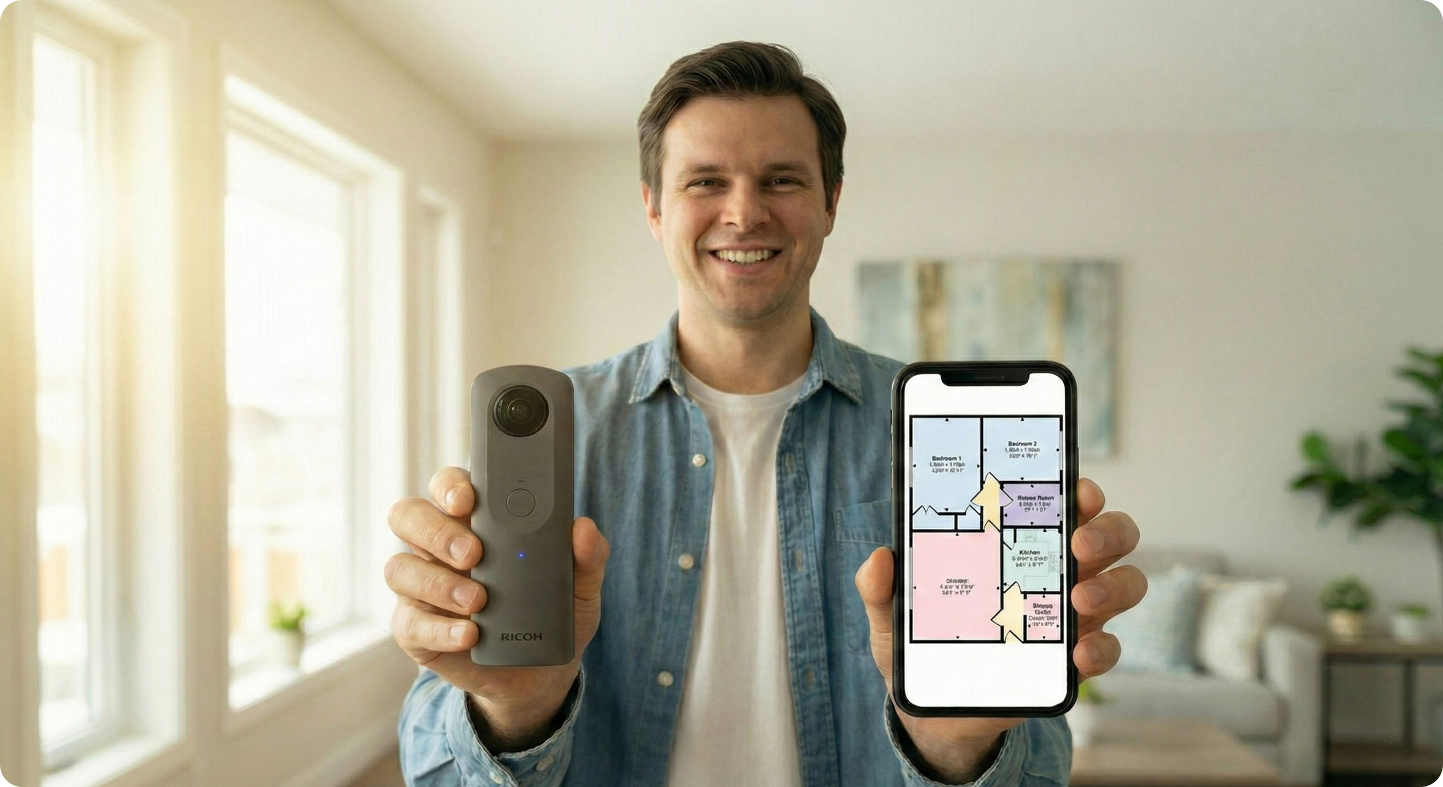 A smiling man stands in a bright, modern living room, holding a grey Ricoh Theta 360-degree camera in one hand and a smartphone displaying a detailed floor plan in the other. Natural light streams in from a large window to his left.